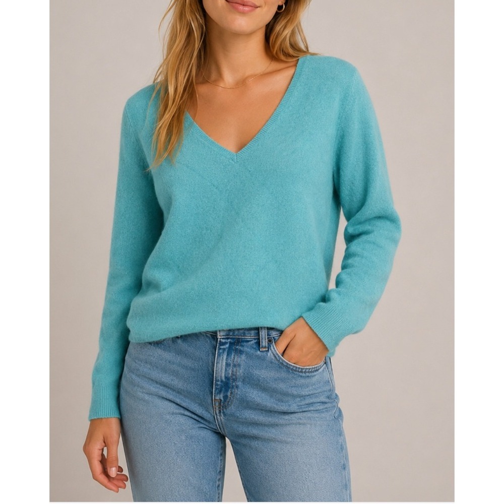 Valerie Stevens Womens Turquoise Blue 100% Cashmere 2-Ply V-Neck Sweater Size M